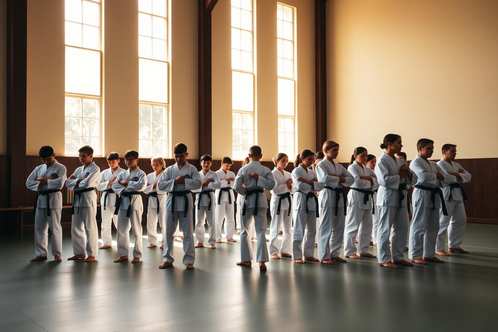 Karatecas alinhados no dojo em posição de saudação